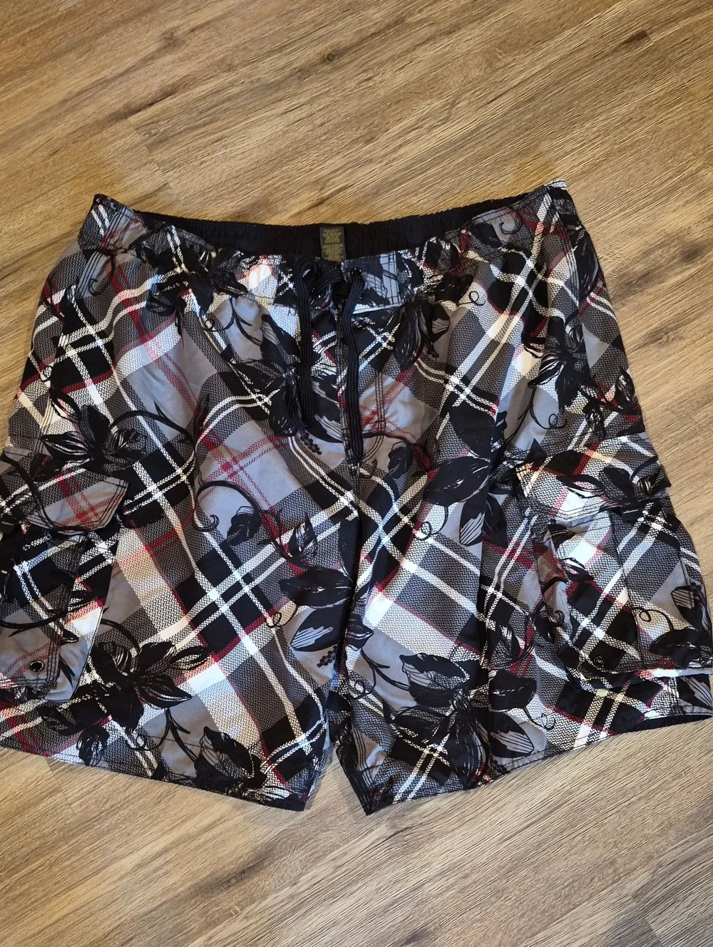 Athena Black, Gray & Red Plaid Swim Shorts